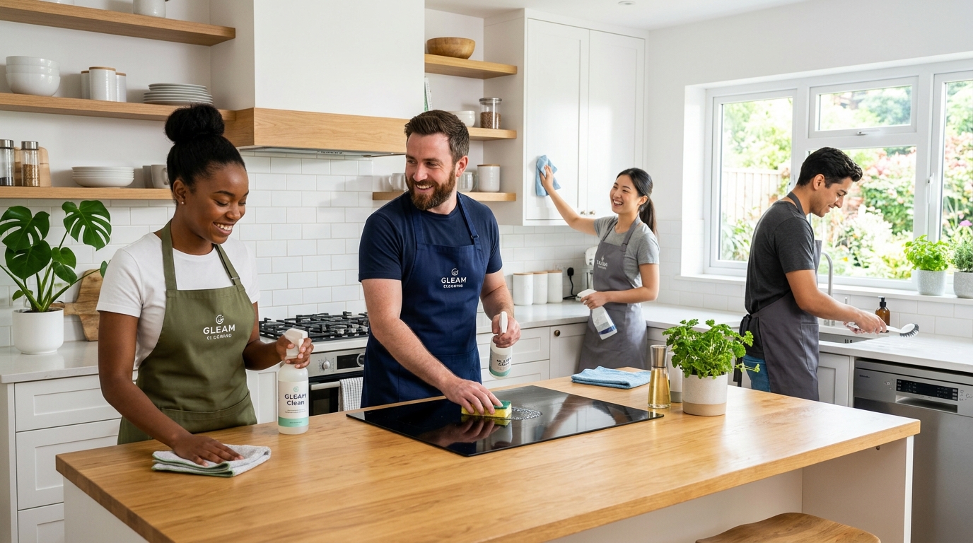 Bright lifestyle marketing photograph of a 4 people cleaning a modern kitchen in a bright clean kitchen. Vibrant true-to-life colors, clean composition, friendly mood, professional small-business website imagery. Shot on a DSLR with a 35mm lens.