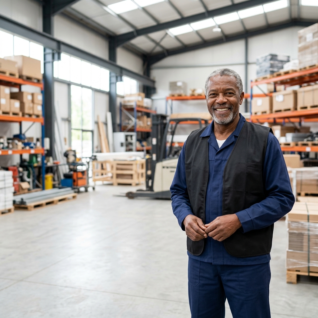 High-end commercial stock photography of a a general contractor manager, senior, black smiling confidently at the camera in a warehouse. Bright, natural daylight, soft diffused lighting. Modern, clean aesthetic. The subject is wearing a clean plain uniform with no logos. Shot on a DSLR, 50mm lens, shallow depth of field with the background slightly blurred. High resolution, photorealistic, optimistic, professional and trustworthy vibe. Absolutely no text, logos, labels, brand marks, signage, watermarks, license plates, or written words of any kind anywhere in the image. Uniforms, vans, tools, and any background objects must be completely plain and unbranded. Compose the shot with the main focal point positioned slightly to the right of center, leaving negative space on the left side of the frame.