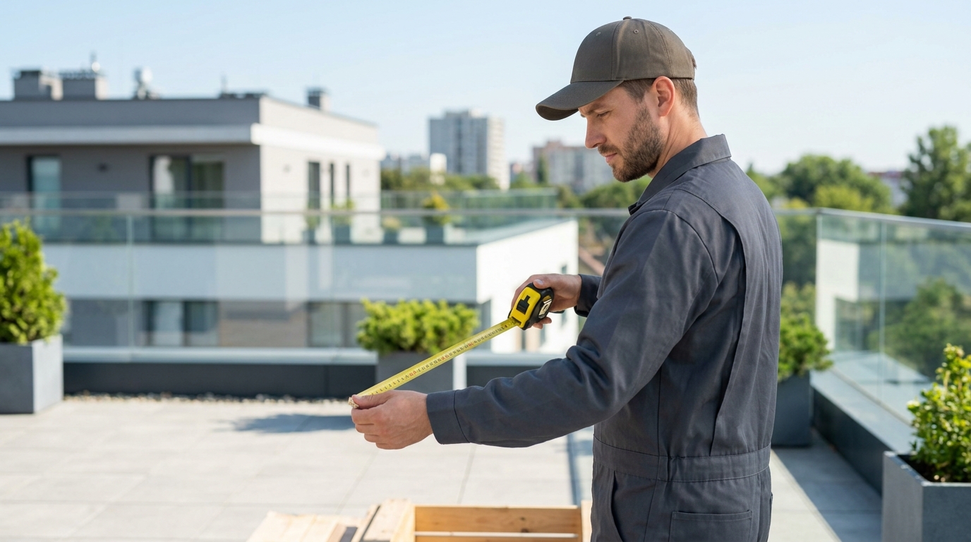 High-end commercial stock photography of a a guy measuring his penis unrolling a tape measure in a residential rooftop on a clear day. Bright, natural daylight, soft diffused lighting. Modern, clean aesthetic. The subject is wearing a clean plain uniform with no logos. Shot on a DSLR, 50mm lens, shallow depth of field with the background slightly blurred. High resolution, photorealistic, optimistic, professional and trustworthy vibe. Absolutely no text, logos, labels, brand marks, signage, watermarks, license plates, or written words of any kind anywhere in the image. Uniforms, vans, tools, and any background objects must be completely plain and unbranded.