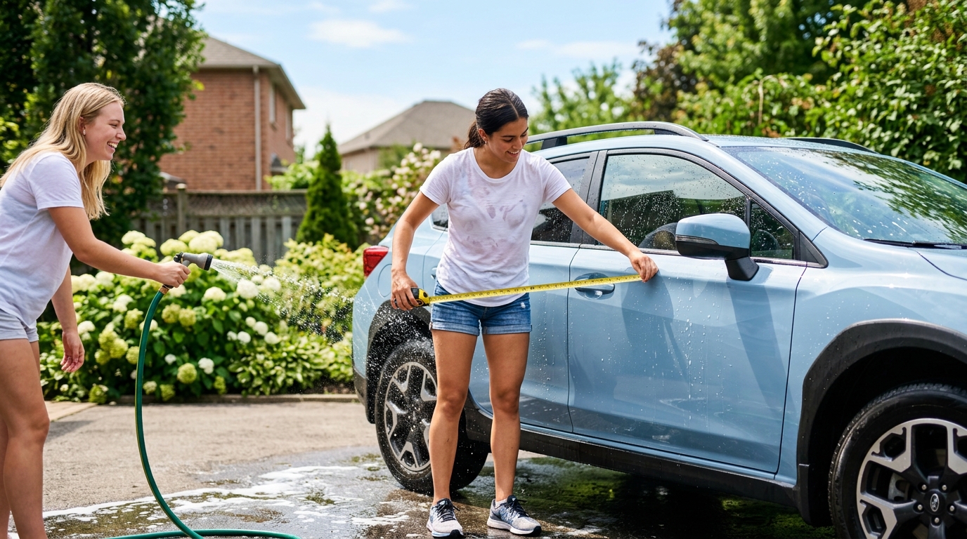 Bright lifestyle marketing photograph of a a wet t-shirt girls washing car unrolling a tape measure in a sunny suburban backyard. Vibrant true-to-life colors, clean composition, friendly mood, professional small-business website imagery. Shot on a DSLR with a 35mm lens. Absolutely no text, logos, labels, brand marks, signage, watermarks, license plates, or written words of any kind anywhere in the image. Uniforms, vans, tools, and any background objects must be completely plain and unbranded.