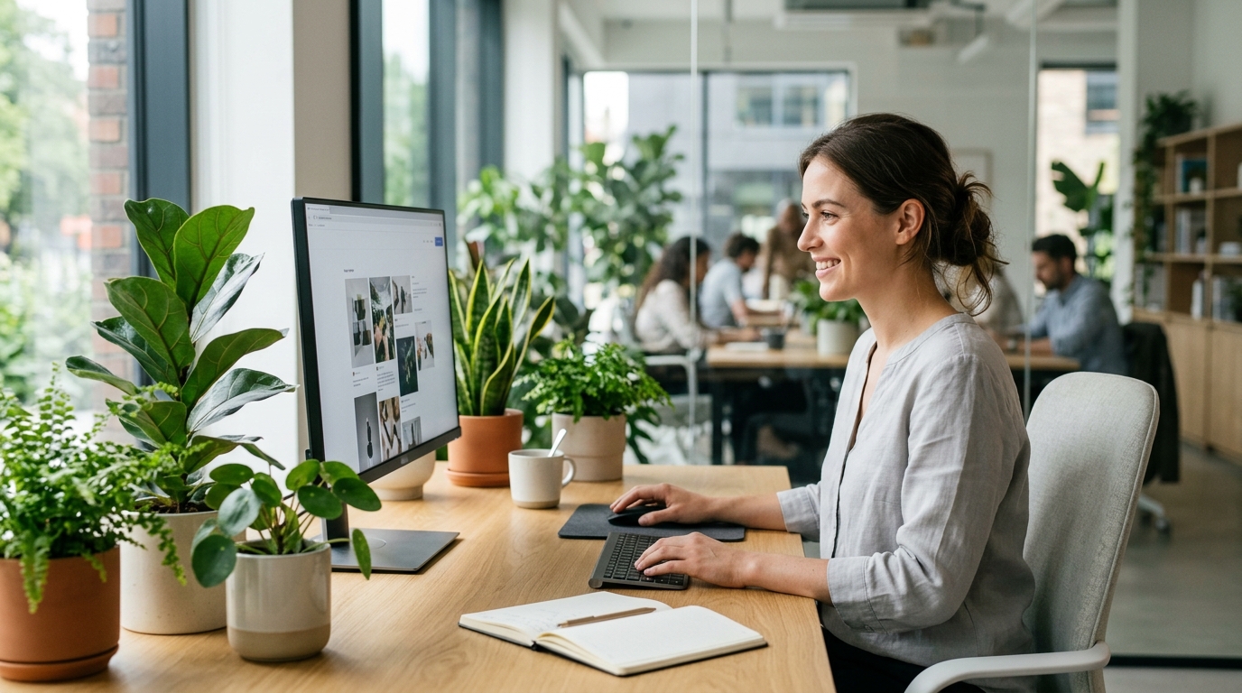 High-end commercial stock photography of a art director browsing the web in office with plants. Bright, natural daylight, soft diffused lighting. Modern, clean aesthetic. The subject is wearing a clean plain uniform with no logos. Shot on a DSLR, 50mm lens, shallow depth of field with the background slightly blurred. High resolution, photorealistic, optimistic, professional and trustworthy vibe. Absolutely no text, logos, labels, brand marks, signage, watermarks, license plates, or written words of any kind anywhere in the image. Uniforms, vans, tools, and any background objects must be completely plain and unbranded.