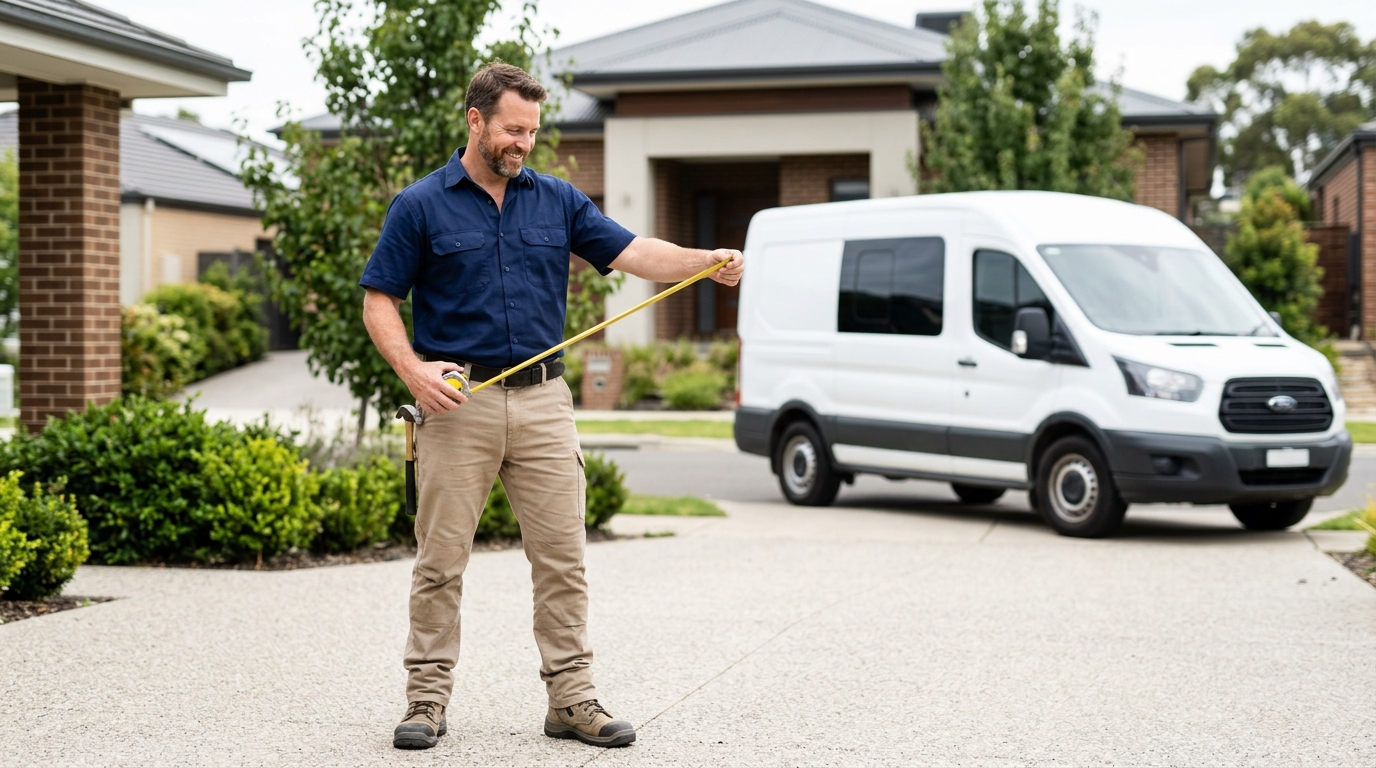High-end commercial stock photography of a carpenter unrolling a tape measure in a suburban driveway with a plain unmarked service van parked in the background. Bright, natural daylight, soft diffused lighting. Modern, clean aesthetic. The subject is wearing a clean plain uniform with no logos. Shot on a DSLR, 50mm lens, shallow depth of field with the background slightly blurred. High resolution, photorealistic, optimistic, professional and trustworthy vibe. Absolutely no text, logos, labels, brand marks, signage, watermarks, license plates, or written words of any kind anywhere in the image. Uniforms, vans, tools, and any background objects must be completely plain and unbranded.