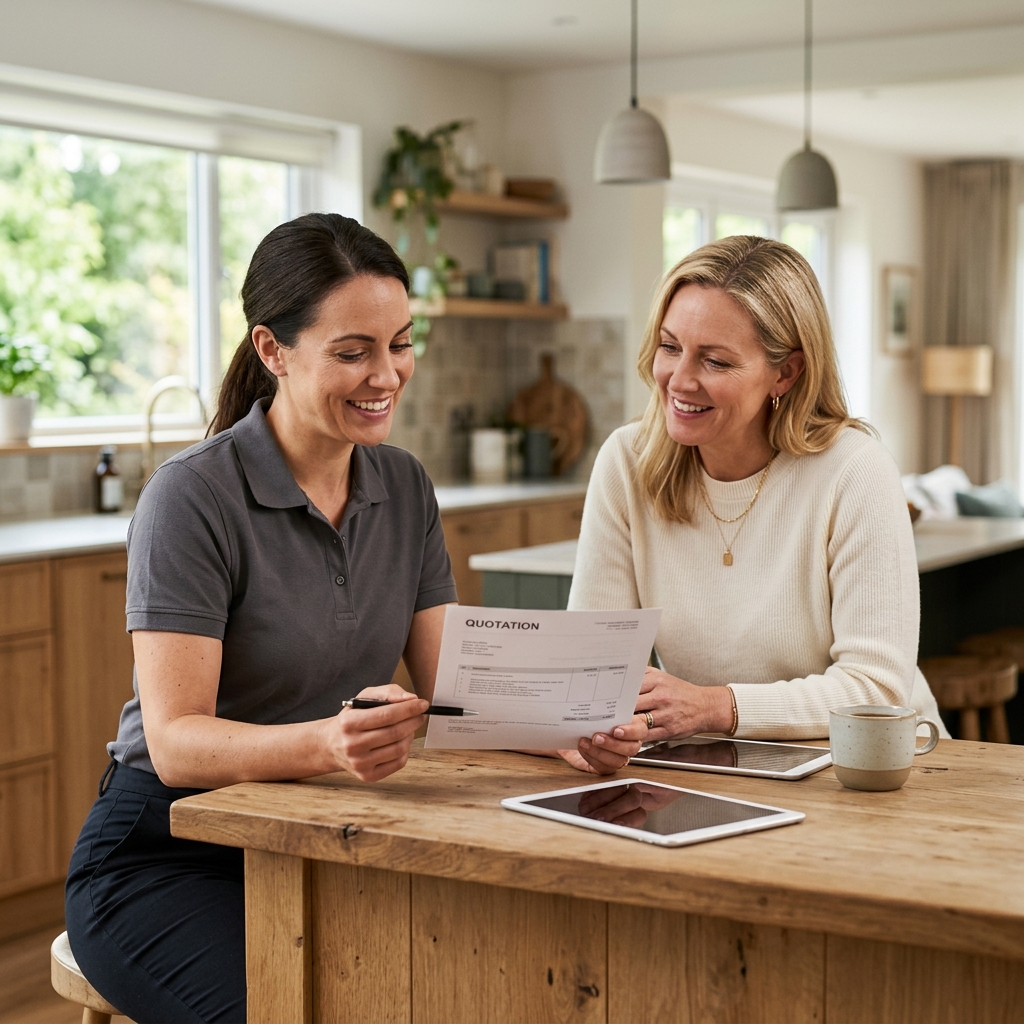 High-end commercial stock photography of a close up portrait of a general contractor manager reviewing a project quote with a homeowner in a modern suburban home interior. Bright, natural daylight, soft diffused lighting. Modern, clean aesthetic. The subject is wearing a clean plain uniform with no logos. Shot on a DSLR, 50mm lens, shallow depth of field with the background slightly blurred. High resolution, photorealistic, optimistic, professional and trustworthy vibe. Absolutely no text, logos, labels, brand marks, signage, watermarks, license plates, or written words of any kind anywhere in the image. Uniforms, vans, tools, and any background objects must be completely plain and unbranded.