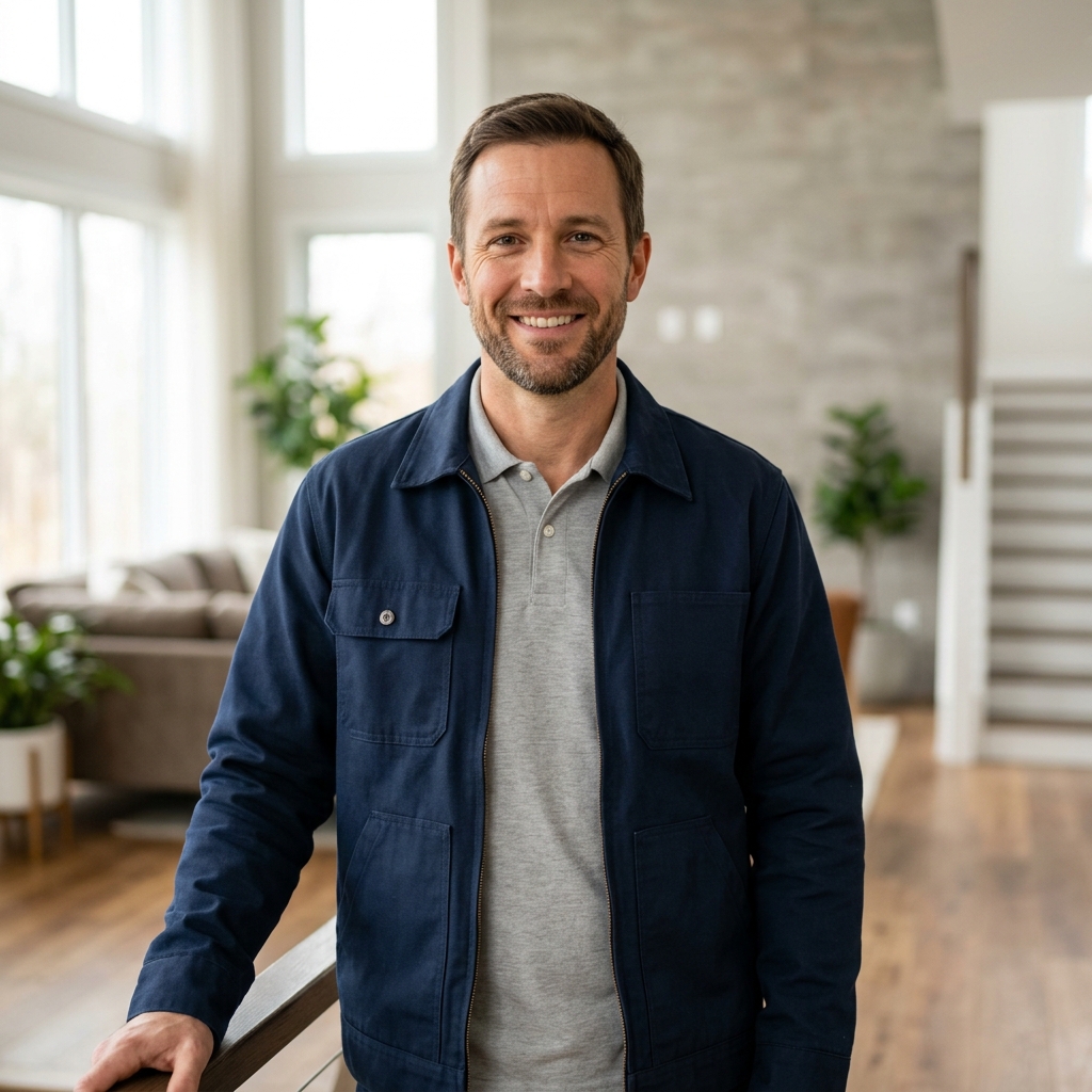 High-end commercial stock photography of a close up portrait of a general contractor manager smiling confidently at the camera in a spacious living room with natural light. Bright, natural daylight, soft diffused lighting. Modern, clean aesthetic. The subject is wearing a clean plain uniform with no logos. Shot on a DSLR, 50mm lens, shallow depth of field with the background slightly blurred. High resolution, photorealistic, optimistic, professional and trustworthy vibe. Absolutely no text, logos, labels, brand marks, signage, watermarks, license plates, or written words of any kind anywhere in the image. Uniforms, vans, tools, and any background objects must be completely plain and unbranded.