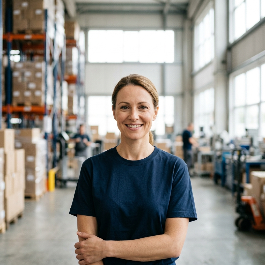 High-end commercial stock photography of a close up portrait of a manager smiling confidently at the camera in big warehouse. Bright, natural daylight, soft diffused lighting. Modern, clean aesthetic. The subject is wearing a clean plain uniform with no logos. Shot on a DSLR, 50mm lens, shallow depth of field with the background slightly blurred. High resolution, photorealistic, optimistic, professional and trustworthy vibe. Absolutely no text, logos, labels, brand marks, signage, watermarks, license plates, or written words of any kind anywhere in the image. Uniforms, vans, tools, and any background objects must be completely plain and unbranded.