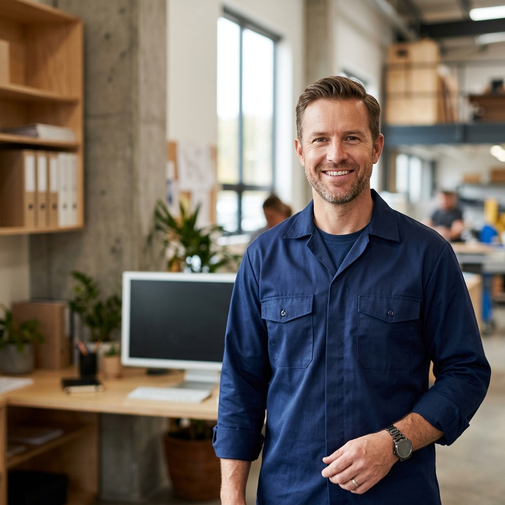 High-end commercial stock photography of a closeup portrait of a general contractor with uniform smiling confidently at the camera in in a warehouse office. Bright, natural daylight, soft diffused lighting. Modern, clean aesthetic. The subject is wearing a clean plain uniform with no logos. Shot on a DSLR, 50mm lens, shallow depth of field with the background slightly blurred. High resolution, photorealistic, optimistic, professional and trustworthy vibe. Absolutely no text, logos, labels, brand marks, signage, watermarks, license plates, or written words of any kind anywhere in the image. Uniforms, vans, tools, and any background objects must be completely plain and unbranded. Compose the shot with the main focal point positioned slightly to the right of center, leaving negative space on the left side of the frame.