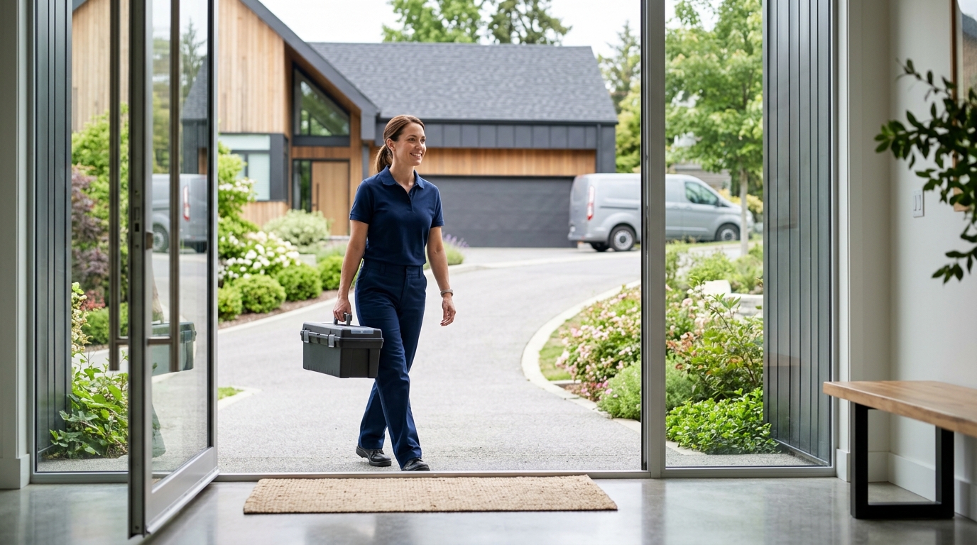 High-end commercial stock photography of a electrician carrying a toolbox up a driveway in a modern suburban home interior. Bright, natural daylight, soft diffused lighting. Modern, clean aesthetic. The subject is wearing a clean plain uniform with no logos. Shot on a DSLR, 50mm lens, shallow depth of field with the background slightly blurred. High resolution, photorealistic, optimistic, professional and trustworthy vibe. Absolutely no text, logos, labels, brand marks, signage, watermarks, license plates, or written words of any kind anywhere in the image. Uniforms, vans, tools, and any background objects must be completely plain and unbranded.