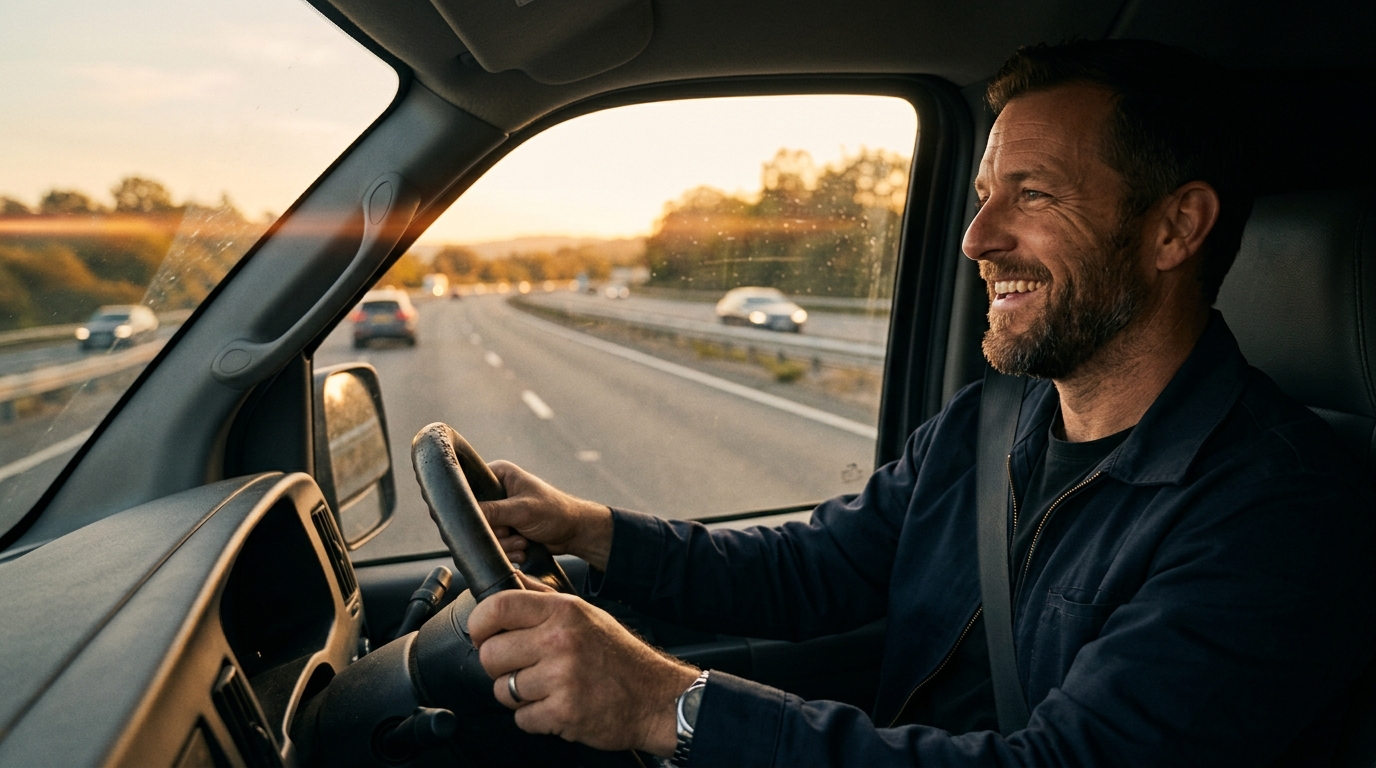 Cinematic editorial photograph of a general contractor closeup of his side face, he's smiling, driving from right to left in driving on the highway, composition subject on the right. Golden hour lighting, warm tones, subtle anamorphic flare, shallow depth of field, photorealistic, magazine quality. Absolutely no text, logos, labels, brand marks, signage, watermarks, license plates, or written words of any kind anywhere in the image. Uniforms, vans, tools, and any background objects must be completely plain and unbranded.