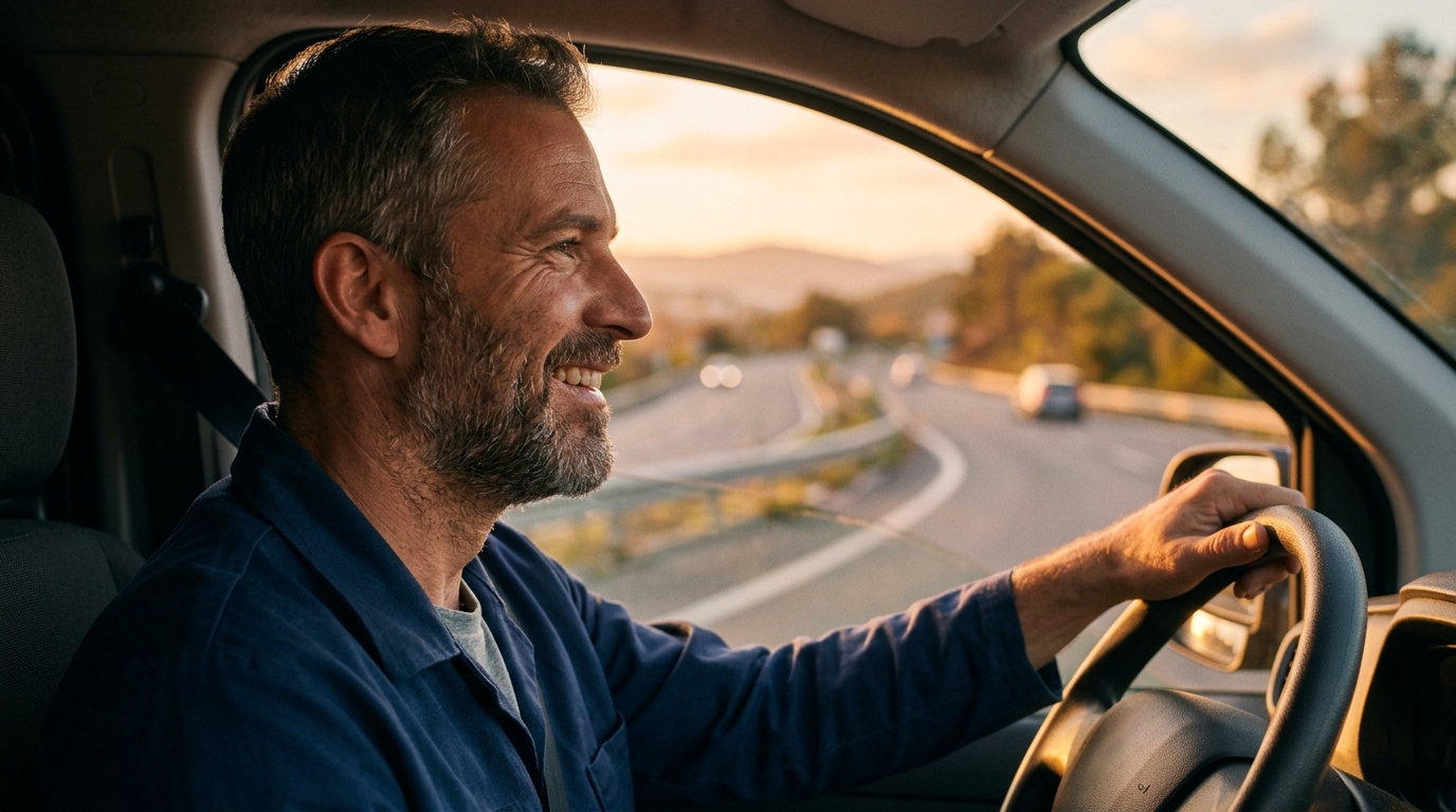 Cinematic editorial photograph of a general contractor closeup of his side face, he's smiling in driving on the highway. Golden hour lighting, warm tones, subtle anamorphic flare, shallow depth of field, photorealistic, magazine quality. Absolutely no text, logos, labels, brand marks, signage, watermarks, license plates, or written words of any kind anywhere in the image. Uniforms, vans, tools, and any background objects must be completely plain and unbranded.