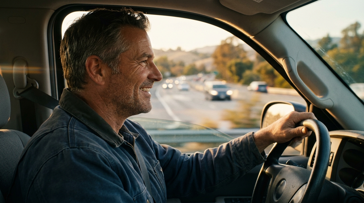 Cinematic editorial photograph of a general contractor closeup of his side face, he's smiling in driving on the highway, composition subject on the right. Golden hour lighting, warm tones, subtle anamorphic flare, shallow depth of field, photorealistic, magazine quality. Absolutely no text, logos, labels, brand marks, signage, watermarks, license plates, or written words of any kind anywhere in the image. Uniforms, vans, tools, and any background objects must be completely plain and unbranded.