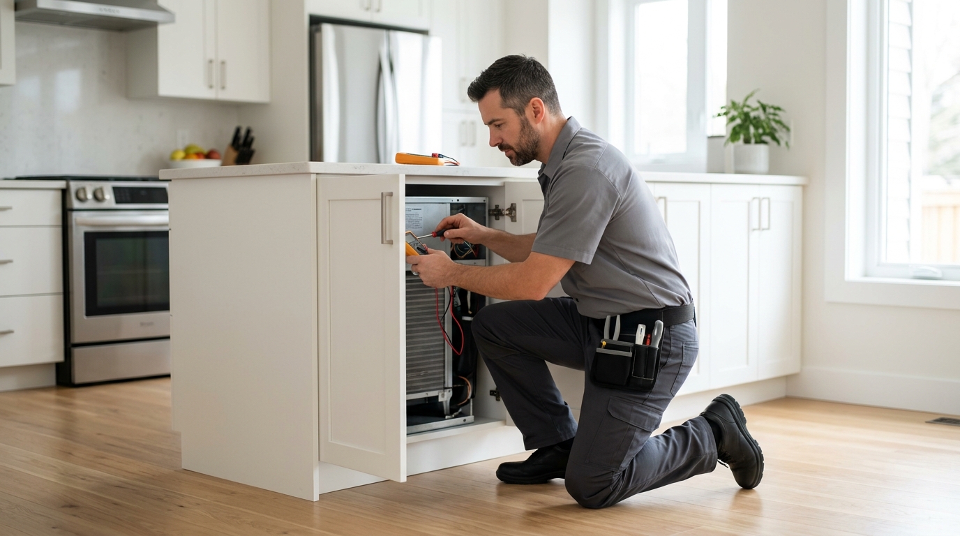 High-end commercial stock photography of a general contractor servicing an outdoor AC unit in a bright clean kitchen. Bright, natural daylight, soft diffused lighting. Modern, clean aesthetic. The subject is wearing a clean plain uniform with no logos. Shot on a DSLR, 50mm lens, shallow depth of field with the background slightly blurred. High resolution, photorealistic, optimistic, professional and trustworthy vibe. Absolutely no text, logos, labels, brand marks, signage, watermarks, license plates, or written words of any kind anywhere in the image. Uniforms, vans, tools, and any background objects must be completely plain and unbranded.