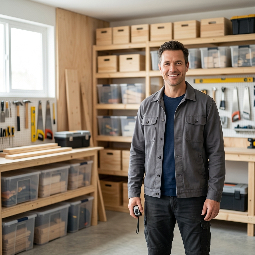 High-end commercial stock photography of a general contractor smiling confidently at the camera in a well-organized garage workshop. Bright, natural daylight, soft diffused lighting. Modern, clean aesthetic. The subject is wearing a clean plain uniform with no logos. Shot on a DSLR, 50mm lens, shallow depth of field with the background slightly blurred. High resolution, photorealistic, optimistic, professional and trustworthy vibe. Absolutely no text, logos, labels, brand marks, signage, watermarks, license plates, or written words of any kind anywhere in the image. Uniforms, vans, tools, and any background objects must be completely plain and unbranded. Compose the shot with the main focal point positioned slightly to the right of center, leaving negative space on the left side of the frame.