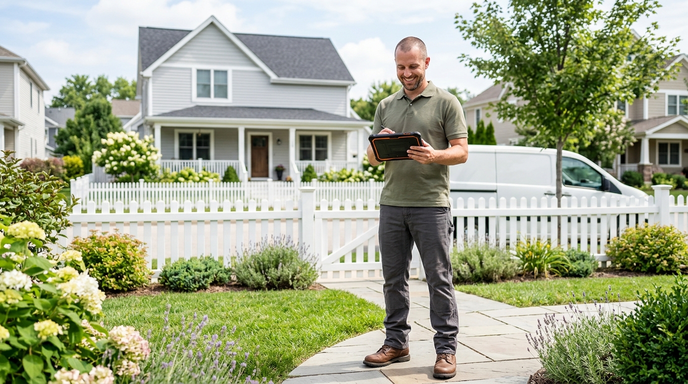Bright lifestyle marketing photograph of a general contractor smiling looking at his industrial cased tablet in a tidy front yard with a white picket fence. Vibrant true-to-life colors, clean composition, friendly mood, professional small-business website imagery. Shot on a DSLR with a 35mm lens. Absolutely no text, logos, labels, brand marks, signage, watermarks, license plates, or written words of any kind anywhere in the image. Uniforms, vans, tools, and any background objects must be completely plain and unbranded.