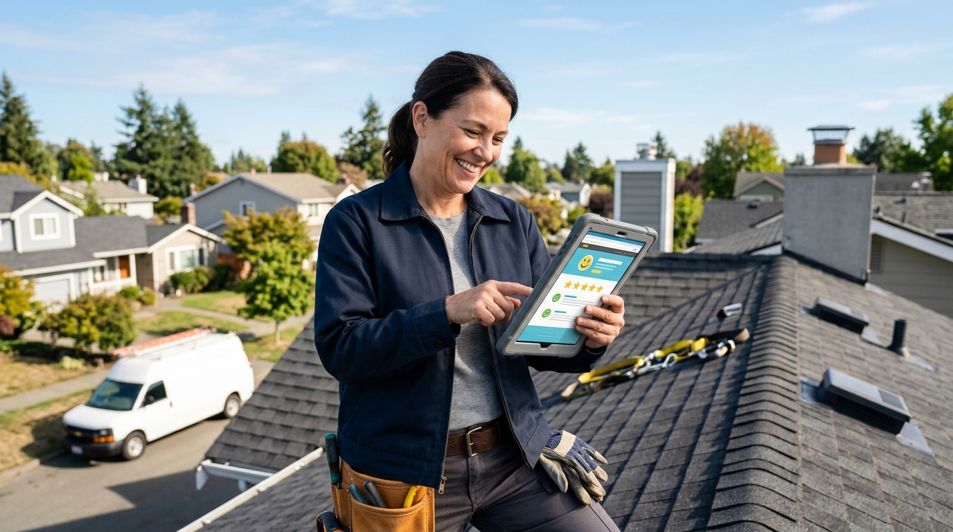 Bright lifestyle marketing photograph of a general contractor smiling looking how their reviews are way up in a residential rooftop on a clear day. Vibrant true-to-life colors, clean composition, friendly mood, professional small-business website imagery. Shot on a DSLR with a 35mm lens. Absolutely no text, logos, labels, brand marks, signage, watermarks, license plates, or written words of any kind anywhere in the image. Uniforms, vans, tools, and any background objects must be completely plain and unbranded.