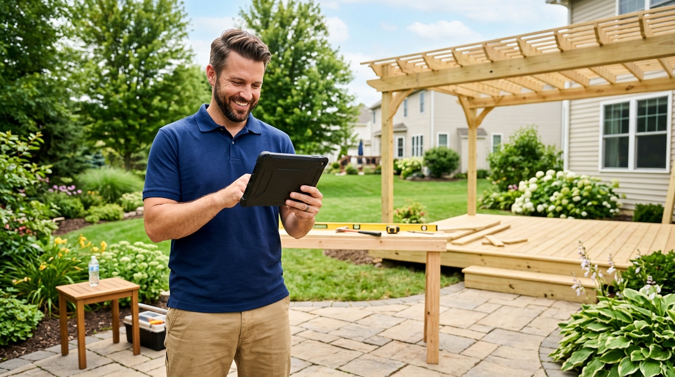 Bright lifestyle marketing photograph of a general contractor smiling looking how their reviews are way up in a sunny suburban backyard. Vibrant true-to-life colors, clean composition, friendly mood, professional small-business website imagery. Shot on a DSLR with a 35mm lens. Absolutely no text, logos, labels, brand marks, signage, watermarks, license plates, or written words of any kind anywhere in the image. Uniforms, vans, tools, and any background objects must be completely plain and unbranded.