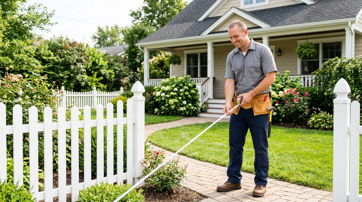 Bright lifestyle marketing photograph of a general contractor unrolling a tape measure in a tidy front yard with a white picket fence. Vibrant true-to-life colors, clean composition, friendly mood, professional small-business website imagery. Shot on a DSLR with a 35mm lens. Absolutely no text, logos, labels, brand marks, signage, watermarks, license plates, or written words of any kind anywhere in the image. Uniforms, vans, tools, and any background objects must be completely plain and unbranded. Compose the shot with the main focal point positioned slightly to the right of center, leaving negative space on the left side of the frame.