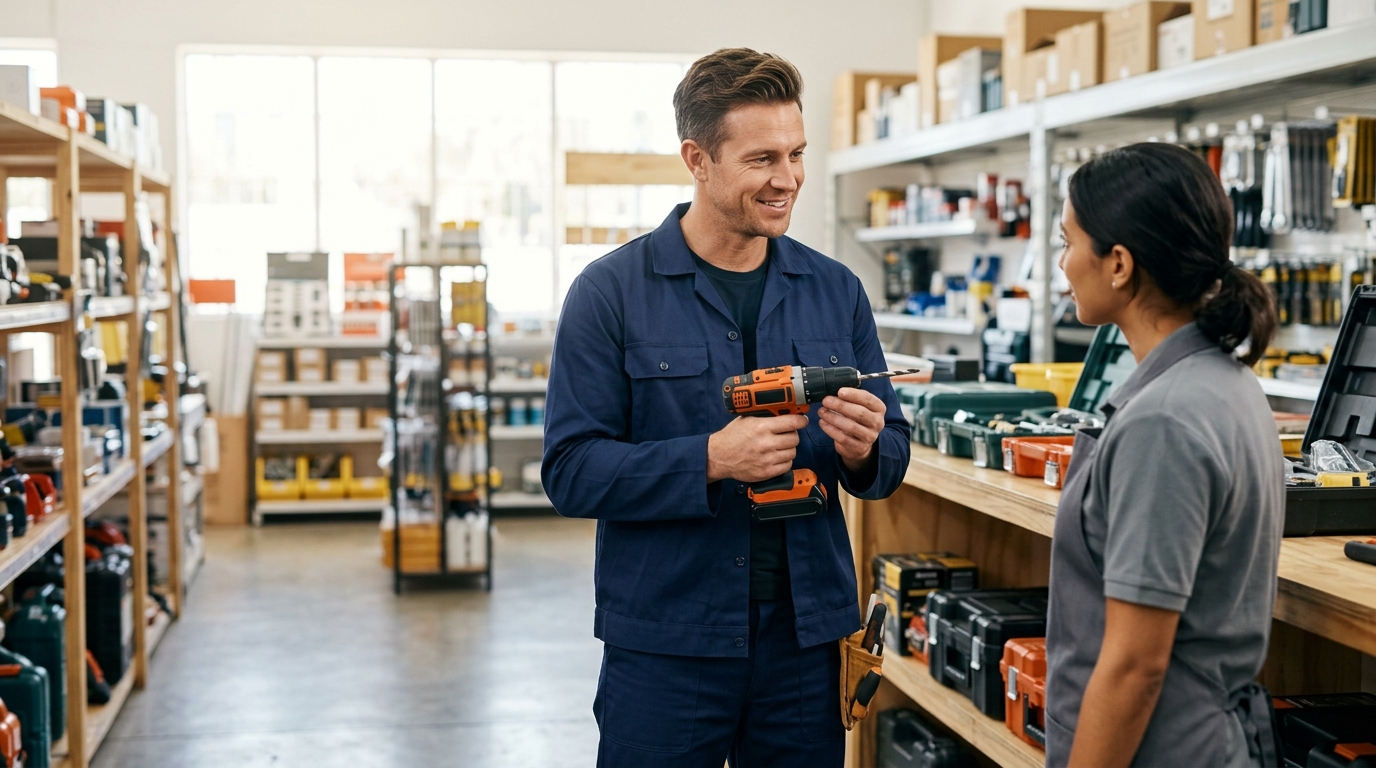 High-end commercial stock photography of a handyman buying a tool in local shop. Bright, natural daylight, soft diffused lighting. Modern, clean aesthetic. The subject is wearing a clean plain uniform with no logos. Shot on a DSLR, 50mm lens, shallow depth of field with the background slightly blurred. High resolution, photorealistic, optimistic, professional and trustworthy vibe. Absolutely no text, logos, labels, brand marks, signage, watermarks, license plates, or written words of any kind anywhere in the image. Uniforms, vans, tools, and any background objects must be completely plain and unbranded.