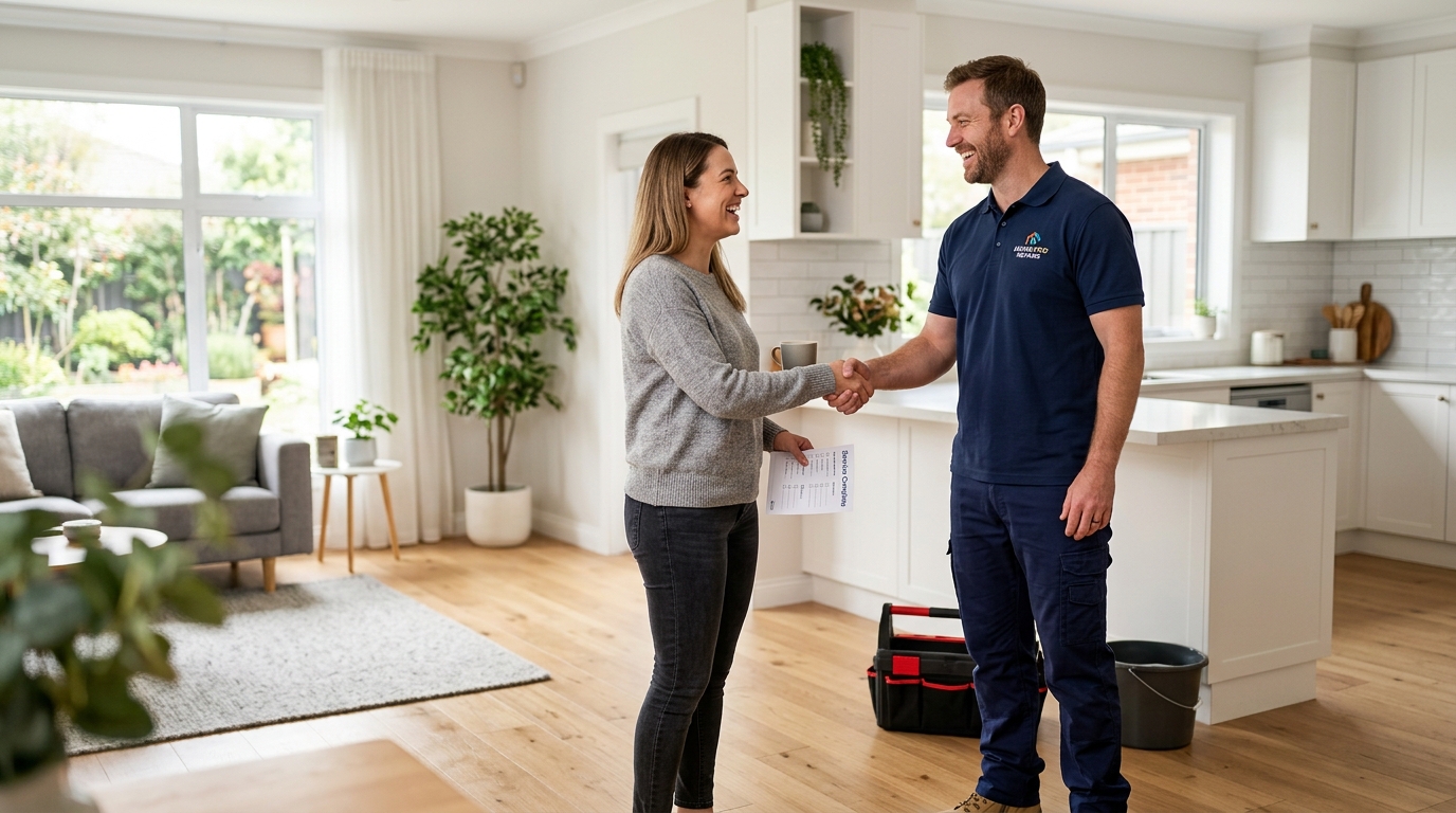 High-end commercial stock photography of a handyman shaking hands with a satisfied customer in a modern suburban home interior. Bright, natural daylight, soft diffused lighting. Modern, clean aesthetic. The subject is wearing a clean branded uniform. Shot on a DSLR, 50mm lens, shallow depth of field with the background slightly blurred. High resolution, photorealistic, optimistic, professional and trustworthy vibe.