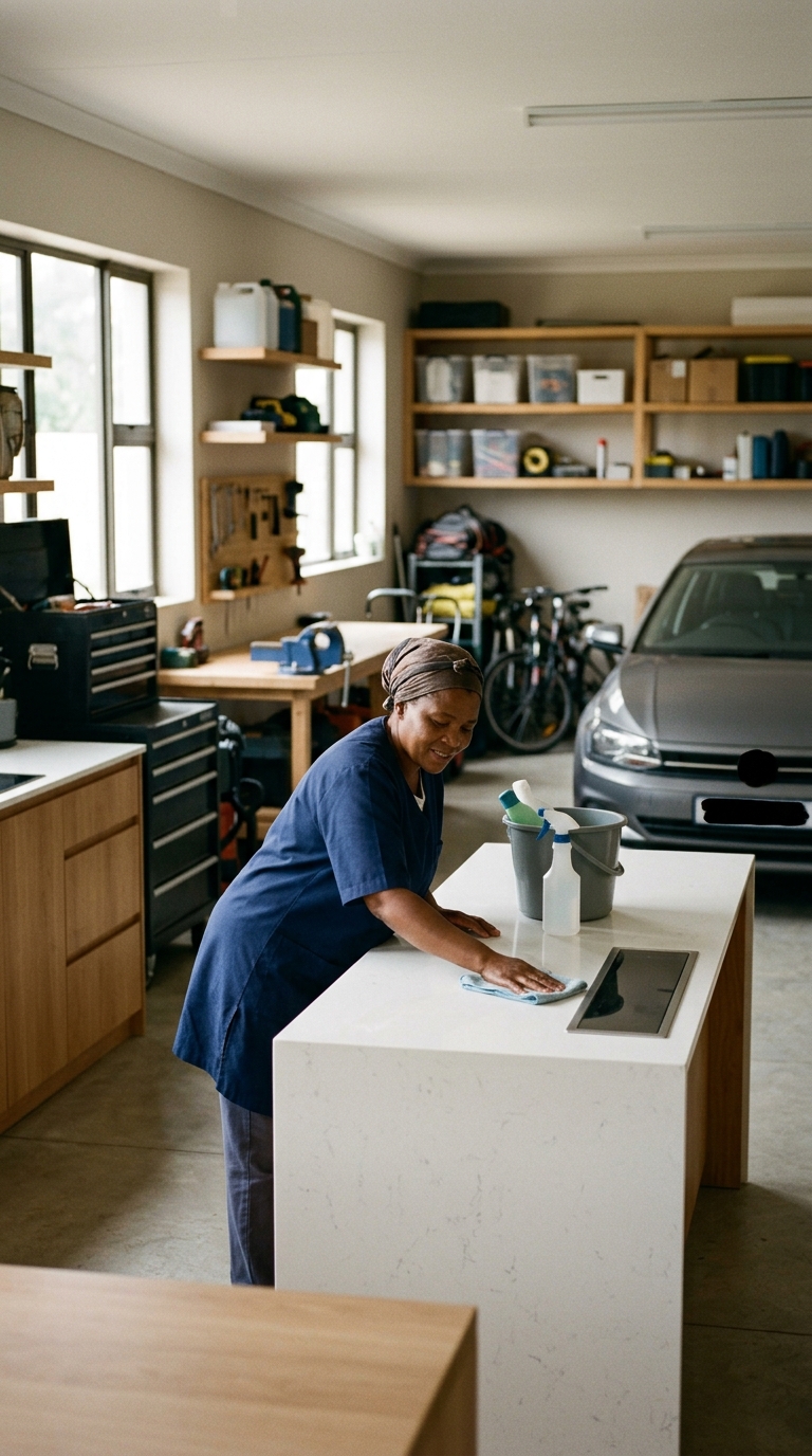 Candid documentary-style photograph of a house cleaner cleaning a modern kitchen in a well-organized garage workshop. Natural ambient light, no posing, authentic real moment, slight film grain, photorealistic, hopeful tone. Absolutely no text, logos, labels, brand marks, signage, watermarks, license plates, or written words of any kind anywhere in the image. Uniforms, vans, tools, and any background objects must be completely plain and unbranded.