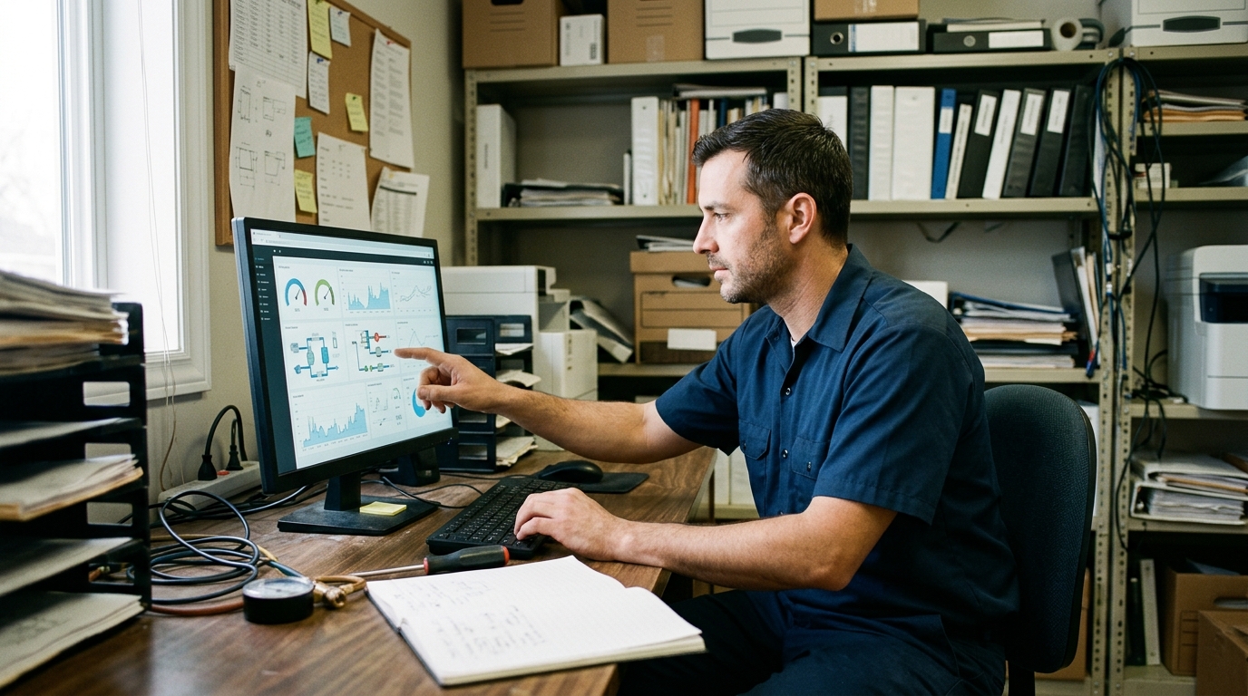 Candid documentary-style photograph of a hvac technician checking a real-time performance dashboard on a monitor in a small business back office with a desktop computer and filing shelves. Natural ambient light, no posing, authentic real moment, slight film grain, photorealistic, hopeful tone. Absolutely no text, logos, labels, brand marks, signage, watermarks, license plates, or written words of any kind anywhere in the image. Uniforms, vans, tools, and any background objects must be completely plain and unbranded.