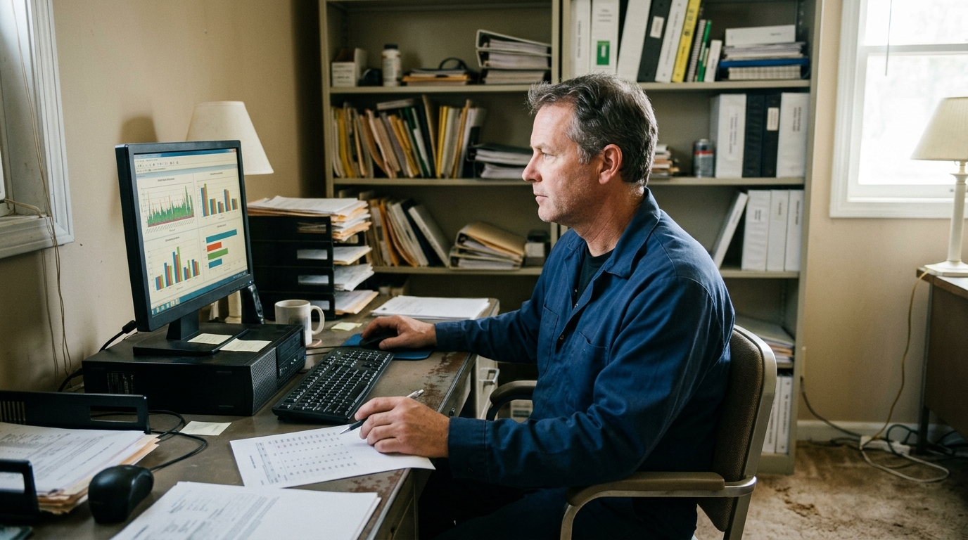 Candid documentary-style photograph of a hvac technician reviewing real-time performance charts on a desktop computer in a small business back office with a desktop computer and filing shelves. Natural ambient light, no posing, authentic real moment, slight film grain, photorealistic, hopeful tone. Absolutely no text, logos, labels, brand marks, signage, watermarks, license plates, or written words of any kind anywhere in the image. Uniforms, vans, tools, and any background objects must be completely plain and unbranded.