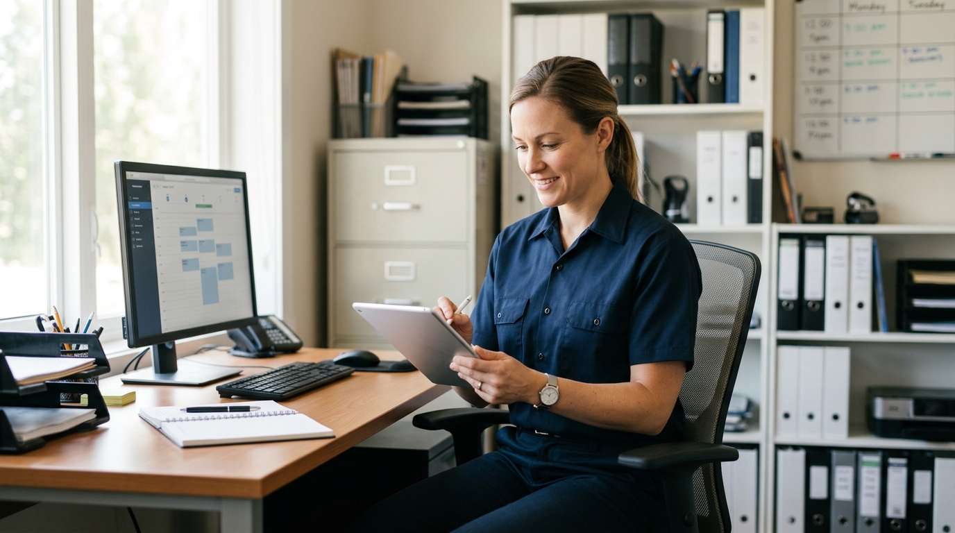 High-end commercial stock photography of a hvac technician scheduling appointments on a tablet in a small business back office with a desktop computer and filing shelves. Bright, natural daylight, soft diffused lighting. Modern, clean aesthetic. The subject is wearing a clean plain uniform with no logos. Shot on a DSLR, 50mm lens, shallow depth of field with the background slightly blurred. High resolution, photorealistic, optimistic, professional and trustworthy vibe. Absolutely no text, logos, labels, brand marks, signage, watermarks, license plates, or written words of any kind anywhere in the image. Uniforms, vans, tools, and any background objects must be completely plain and unbranded.