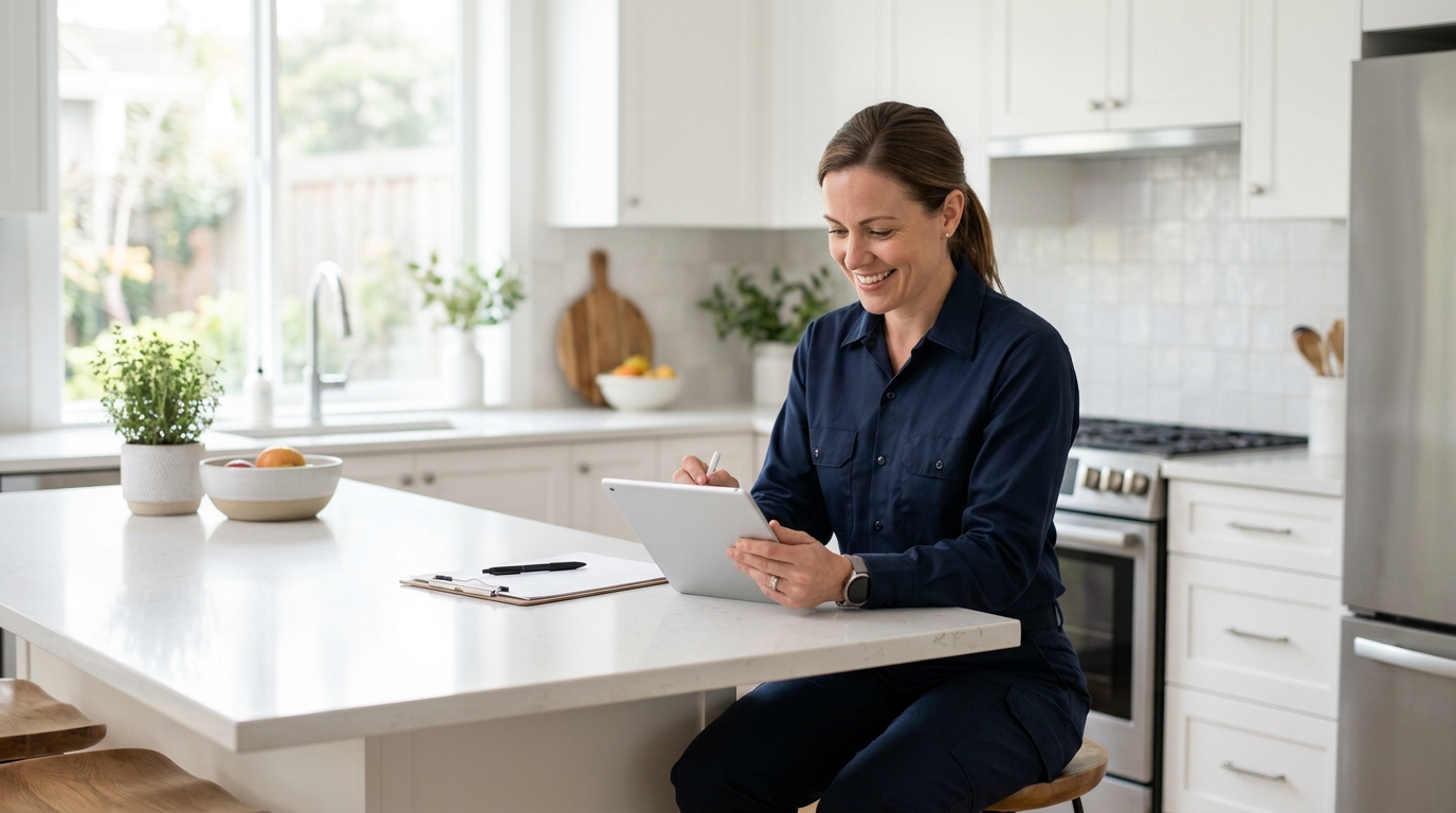 High-end commercial stock photography of a hvac technician scheduling appointments on a tablet in a bright clean kitchen. Bright, natural daylight, soft diffused lighting. Modern, clean aesthetic. The subject is wearing a clean plain uniform with no logos. Shot on a DSLR, 50mm lens, shallow depth of field with the background slightly blurred. High resolution, photorealistic, optimistic, professional and trustworthy vibe. Absolutely no text, logos, labels, brand marks, signage, watermarks, license plates, or written words of any kind anywhere in the image. Uniforms, vans, tools, and any background objects must be completely plain and unbranded.