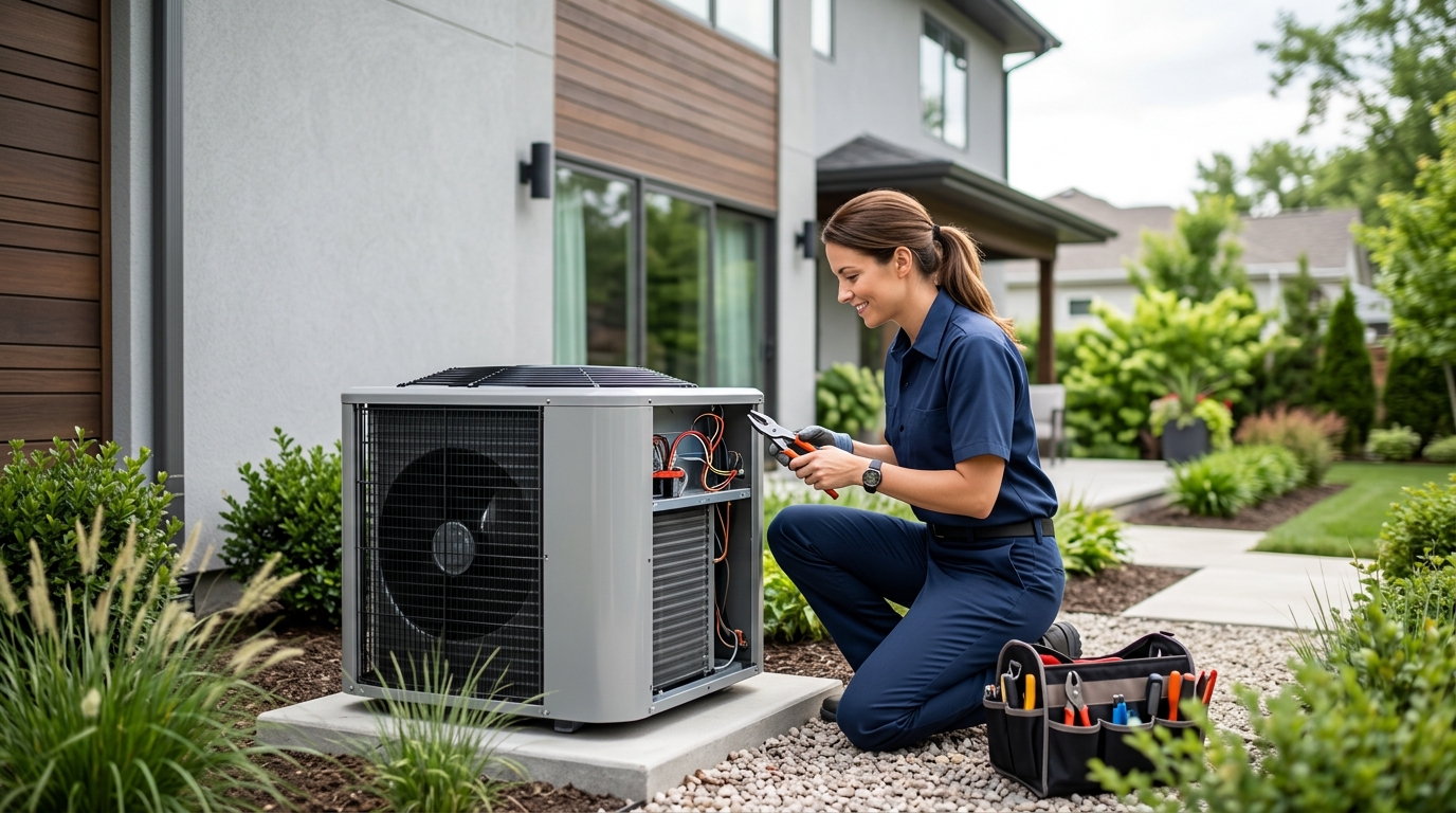High-end commercial stock photography of a hvac technician servicing an outdoor AC unit in a modern suburban home interior. Bright, natural daylight, soft diffused lighting. Modern, clean aesthetic. The subject is wearing a clean plain uniform with no logos. Shot on a DSLR, 50mm lens, shallow depth of field with the background slightly blurred. High resolution, photorealistic, optimistic, professional and trustworthy vibe. Absolutely no text, logos, labels, brand marks, signage, watermarks, license plates, or written words of any kind anywhere in the image. Uniforms, vans, tools, and any background objects must be completely plain and unbranded.