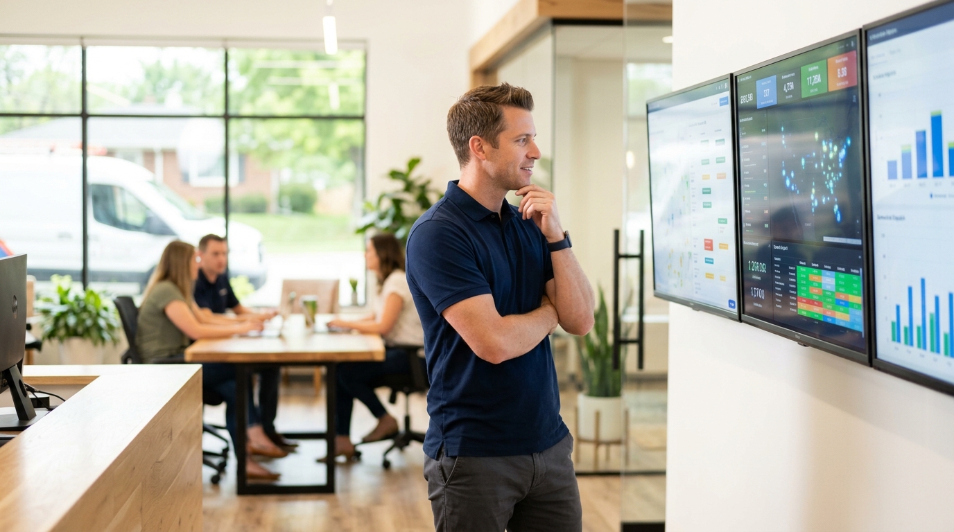 High-end commercial stock photography of a manager looking at big screens in home services corporate office. Bright, natural daylight, soft diffused lighting. Modern, clean aesthetic. The subject is wearing a clean plain uniform with no logos. Shot on a DSLR, 50mm lens, shallow depth of field with the background slightly blurred. High resolution, photorealistic, optimistic, professional and trustworthy vibe. Absolutely no text, logos, labels, brand marks, signage, watermarks, license plates, or written words of any kind anywhere in the image. Uniforms, vans, tools, and any background objects must be completely plain and unbranded.