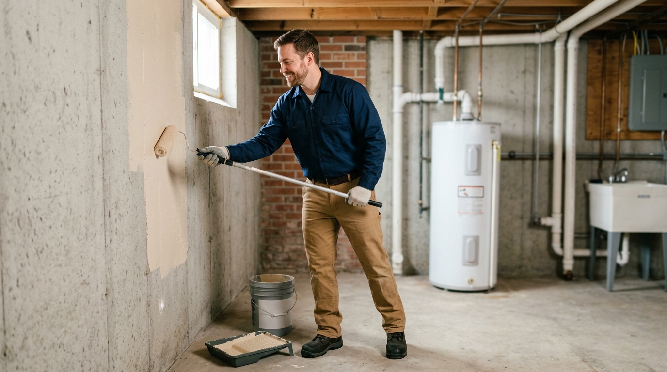 Bright lifestyle marketing photograph of a pest control technician painting an interior wall in a basement utility room. Vibrant true-to-life colors, clean composition, friendly mood, professional small-business website imagery. Shot on a DSLR with a 35mm lens. Absolutely no text, logos, labels, brand marks, signage, watermarks, license plates, or written words of any kind anywhere in the image. Uniforms, vans, tools, and any background objects must be completely plain and unbranded.