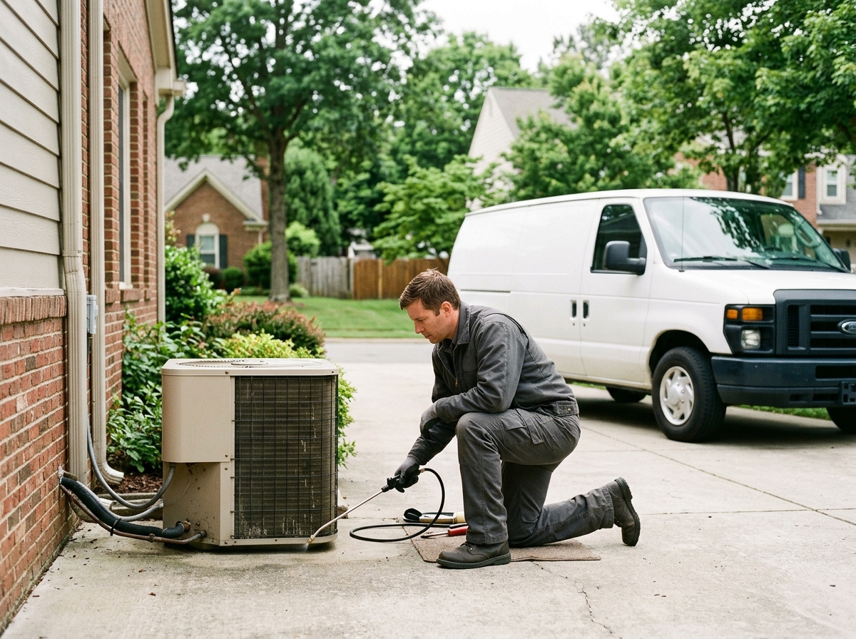Candid documentary-style photograph of a pest control technician servicing an outdoor AC unit in a suburban driveway with a plain unmarked service van parked in the background. Natural ambient light, no posing, authentic real moment, slight film grain, photorealistic, hopeful tone. Absolutely no text, logos, labels, brand marks, signage, watermarks, license plates, or written words of any kind anywhere in the image. Uniforms, vans, tools, and any background objects must be completely plain and unbranded.