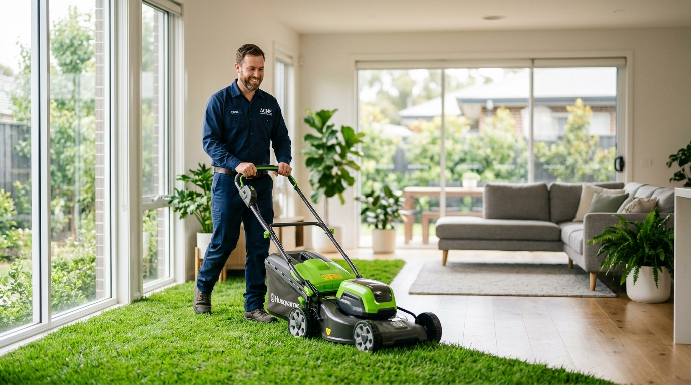 High-end commercial stock photography of a plumber mowing a front lawn in a modern suburban home interior. Bright, natural daylight, soft diffused lighting. Modern, clean aesthetic. The subject is wearing a clean branded uniform. Shot on a DSLR, 50mm lens, shallow depth of field with the background slightly blurred. High resolution, photorealistic, optimistic, professional and trustworthy vibe.