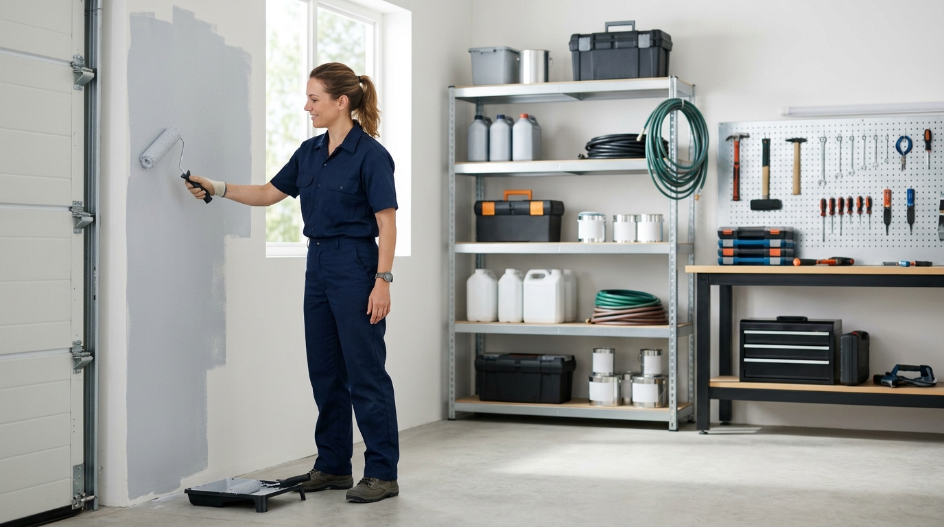 High-end commercial stock photography of a plumber painting an interior wall in a well-organized garage workshop. Bright, natural daylight, soft diffused lighting. Modern, clean aesthetic. The subject is wearing a clean plain uniform with no logos. Shot on a DSLR, 50mm lens, shallow depth of field with the background slightly blurred. High resolution, photorealistic, optimistic, professional and trustworthy vibe. Absolutely no text, logos, labels, brand marks, signage, watermarks, license plates, or written words of any kind anywhere in the image. Uniforms, vans, tools, and any background objects must be completely plain and unbranded.