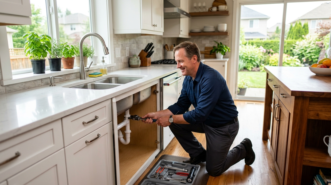 Bright lifestyle marketing photograph of a plumber repairing a kitchen sink in a modern suburban home interior. Vibrant true-to-life colors, clean composition, friendly mood, professional small-business website imagery. Shot on a DSLR with a 35mm lens. Absolutely no text, logos, labels, brand marks, signage, watermarks, license plates, or written words of any kind anywhere in the image. Uniforms, vans, tools, and any background objects must be completely plain and unbranded.