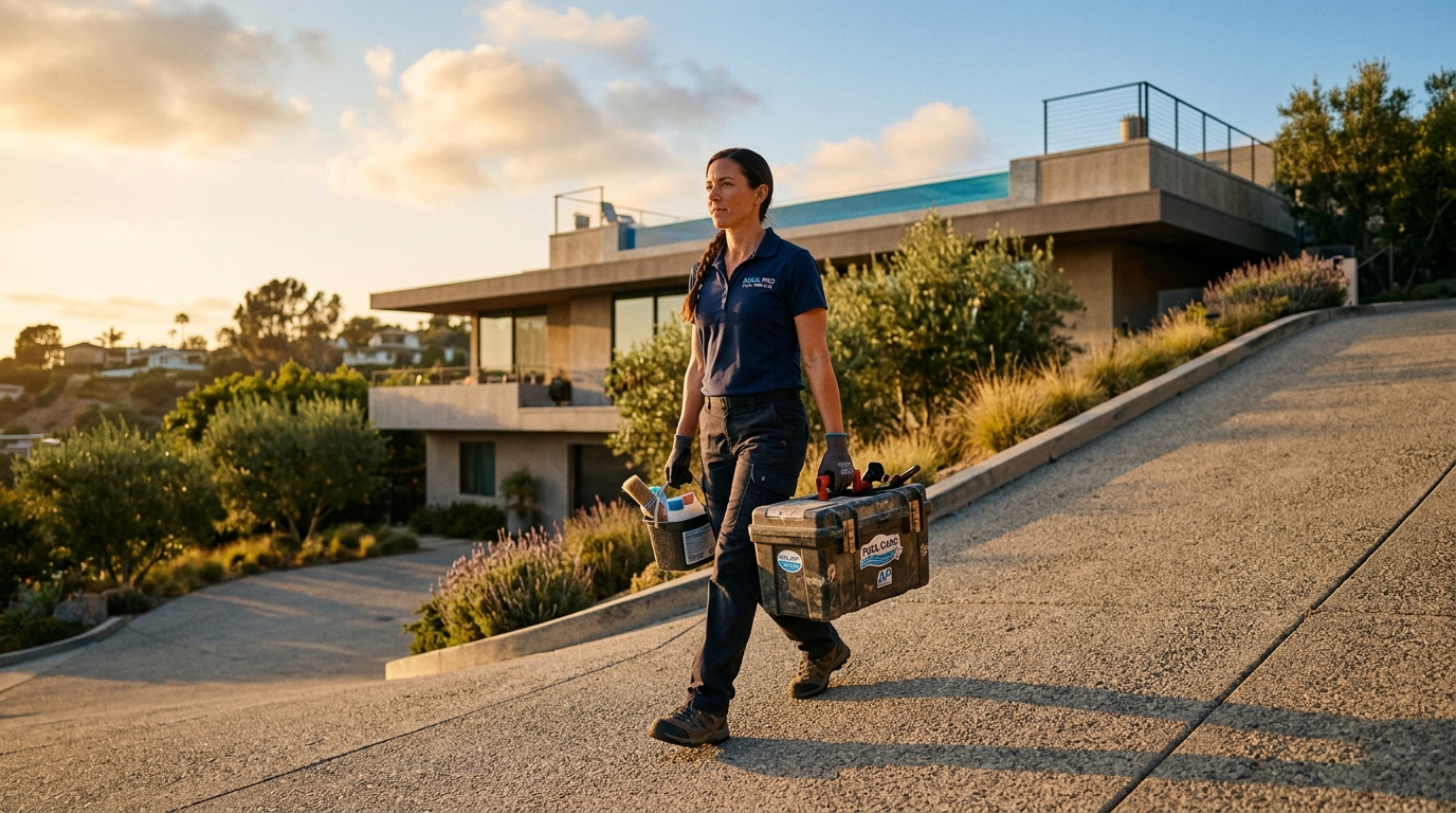 Cinematic editorial photograph of a pool service technician carrying a toolbox up a driveway in a residential rooftop on a clear day. Golden hour lighting, warm tones, subtle anamorphic flare, shallow depth of field, photorealistic, magazine quality.