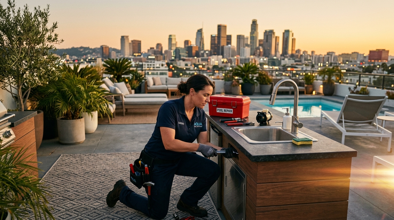 Cinematic editorial photograph of a pool service technician repairing a kitchen sink in a residential rooftop on a clear day. Golden hour lighting, warm tones, subtle anamorphic flare, shallow depth of field, photorealistic, magazine quality.