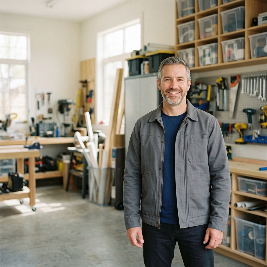 High-end commercial stock photography of a portrait of a general contractor with uniform smiling confidently at the camera in a well-organized garage workshop. Bright, natural daylight, soft diffused lighting. Modern, clean aesthetic. The subject is wearing a clean plain uniform with no logos. Shot on a DSLR, 50mm lens, shallow depth of field with the background slightly blurred. High resolution, photorealistic, optimistic, professional and trustworthy vibe. Absolutely no text, logos, labels, brand marks, signage, watermarks, license plates, or written words of any kind anywhere in the image. Uniforms, vans, tools, and any background objects must be completely plain and unbranded. Compose the shot with the main focal point positioned slightly to the right of center, leaving negative space on the left side of the frame.