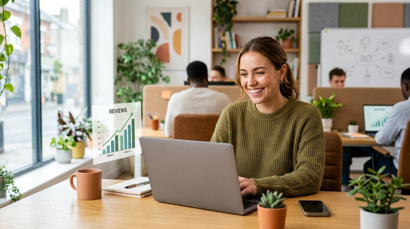 Bright lifestyle marketing photograph of a social media manager smiling looking how their reviews are way up in at the office. Vibrant true-to-life colors, clean composition, friendly mood, professional small-business website imagery. Shot on a DSLR with a 35mm lens. Absolutely no text, logos, labels, brand marks, signage, watermarks, license plates, or written words of any kind anywhere in the image. Uniforms, vans, tools, and any background objects must be completely plain and unbranded.