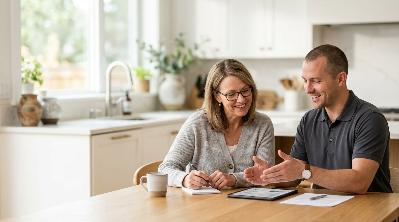 High-end commercial stock photography of a solar panel installer reviewing a project quote with a homeowner in a bright clean kitchen. Bright, natural daylight, soft diffused lighting. Modern, clean aesthetic. The subject is wearing a clean plain uniform with no logos. Shot on a DSLR, 50mm lens, shallow depth of field with the background slightly blurred. High resolution, photorealistic, optimistic, professional and trustworthy vibe. Absolutely no text, logos, labels, brand marks, signage, watermarks, license plates, or written words of any kind anywhere in the image. Uniforms, vans, tools, and any background objects must be completely plain and unbranded. Compose the shot with the main focal point positioned slightly to the right of center, leaving negative space on the left side of the frame.