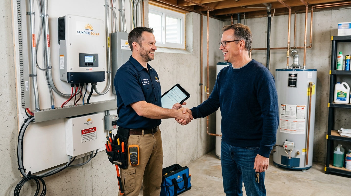 Bright lifestyle marketing photograph of a solar panel installer shaking hands with a satisfied customer in a basement utility room. Vibrant true-to-life colors, clean composition, friendly mood, professional small-business website imagery. Shot on a DSLR with a 35mm lens.