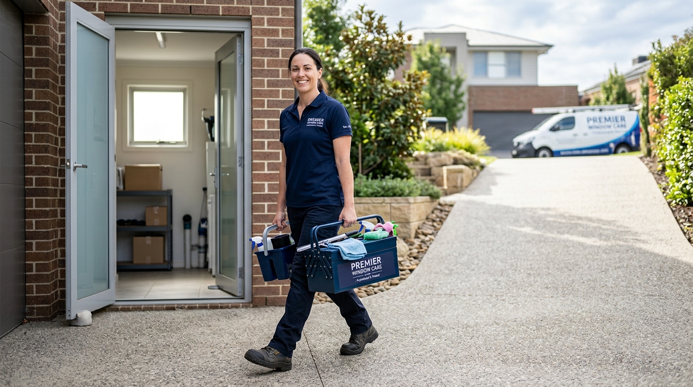 High-end commercial stock photography of a window cleaner carrying a toolbox up a driveway in a basement utility room. Bright, natural daylight, soft diffused lighting. Modern, clean aesthetic. The subject is wearing a clean branded uniform. Shot on a DSLR, 50mm lens, shallow depth of field with the background slightly blurred. High resolution, photorealistic, optimistic, professional and trustworthy vibe.