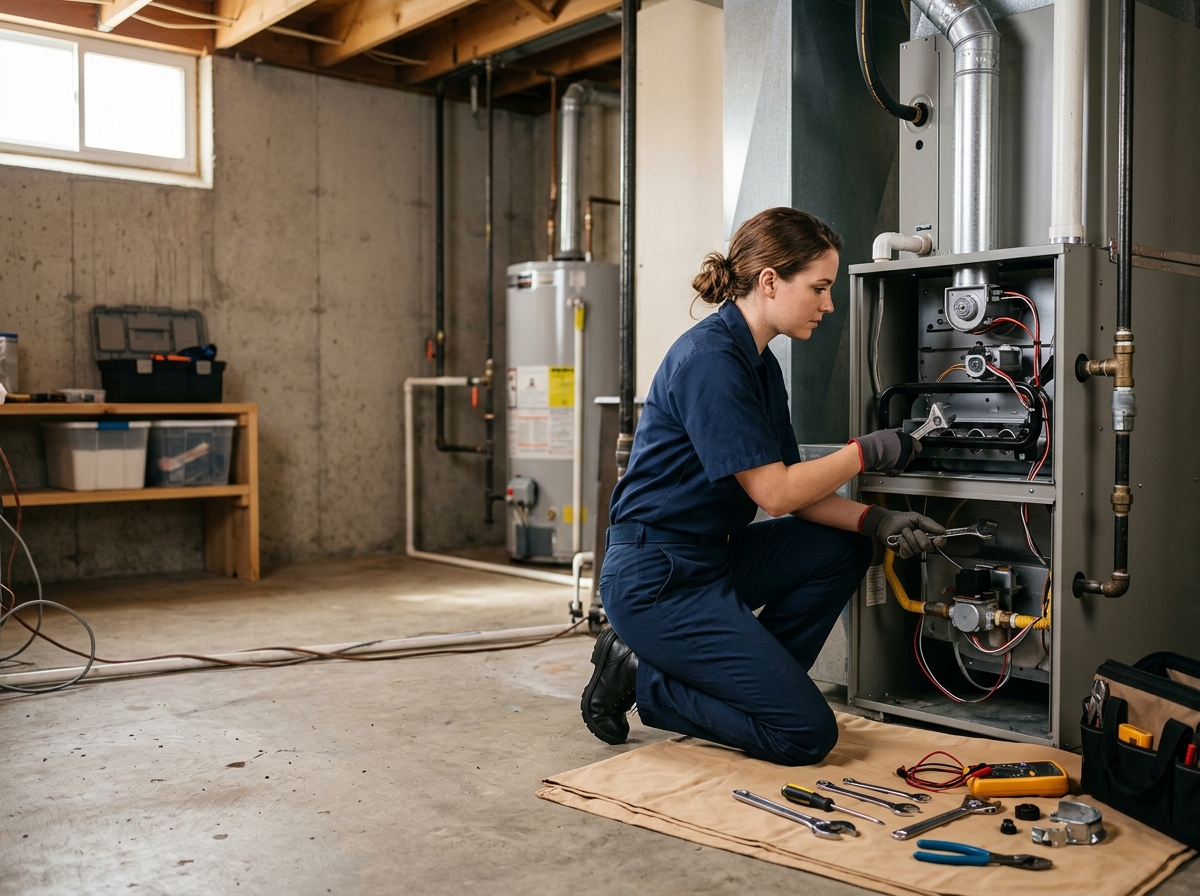 Medium environmental action shot. a female HVAC technician servicing a gas furnace with tools laid out on a cloth in a tidy basement utility room. Photorealistic, natural light, high detail. Absolutely no text, logos, labels, brand marks, signage, watermarks, license plates, or written words of any kind anywhere in the image. Uniforms, vans, tools, and any background objects must be completely plain and unbranded. Compose the shot with the main focal point positioned slightly to the right of center, leaving negative space on the left side of the frame.