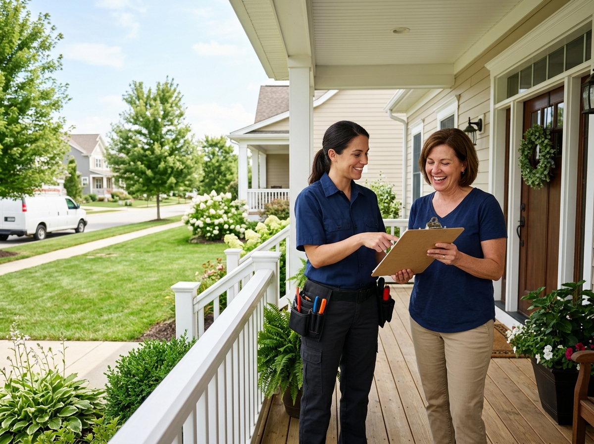 Wide, aspirational lifestyle establishing shot. a friendly female HVAC technician handing a written estimate to a smiling homeowner and pointing out the savings on the front porch of a welcoming suburban home on a bright sunny day. Photorealistic, natural light, high detail. Absolutely no text, logos, labels, brand marks, signage, watermarks, license plates, or written words of any kind anywhere in the image. Uniforms, vans, tools, and any background objects must be completely plain and unbranded. Compose the shot with the main focal point positioned slightly to the right of center, leaving negative space on the left side of the frame.