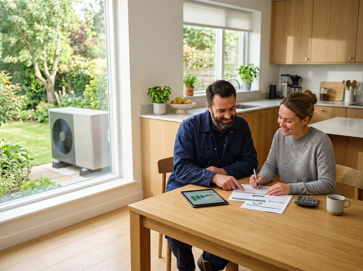 Wide, aspirational lifestyle establishing shot. a friendly HVAC technician and a homeowner reviewing heat pump rebate paperwork and savings at a kitchen table in a bright modern kitchen with a new heat pump visible through the window. Photorealistic, natural light, high detail. Absolutely no text, logos, labels, brand marks, signage, watermarks, license plates, or written words of any kind anywhere in the image. Uniforms, vans, tools, and any background objects must be completely plain and unbranded. Compose the shot with the main focal point positioned slightly to the right of center, leaving negative space on the left side of the frame.