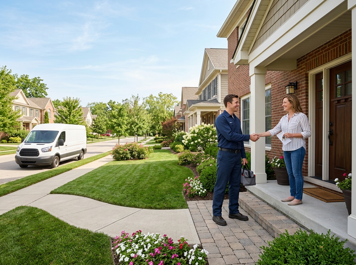 Wide, aspirational lifestyle establishing shot. a friendly HVAC technician shaking hands with a happy homeowner on the doorstep after finishing a job in front of a tidy suburban home on a clear day. Photorealistic, natural light, high detail. Absolutely no text, logos, labels, brand marks, signage, watermarks, license plates, or written words of any kind anywhere in the image. Uniforms, vans, tools, and any background objects must be completely plain and unbranded. Compose the shot with the main focal point positioned slightly to the right of center, leaving negative space on the left side of the frame.