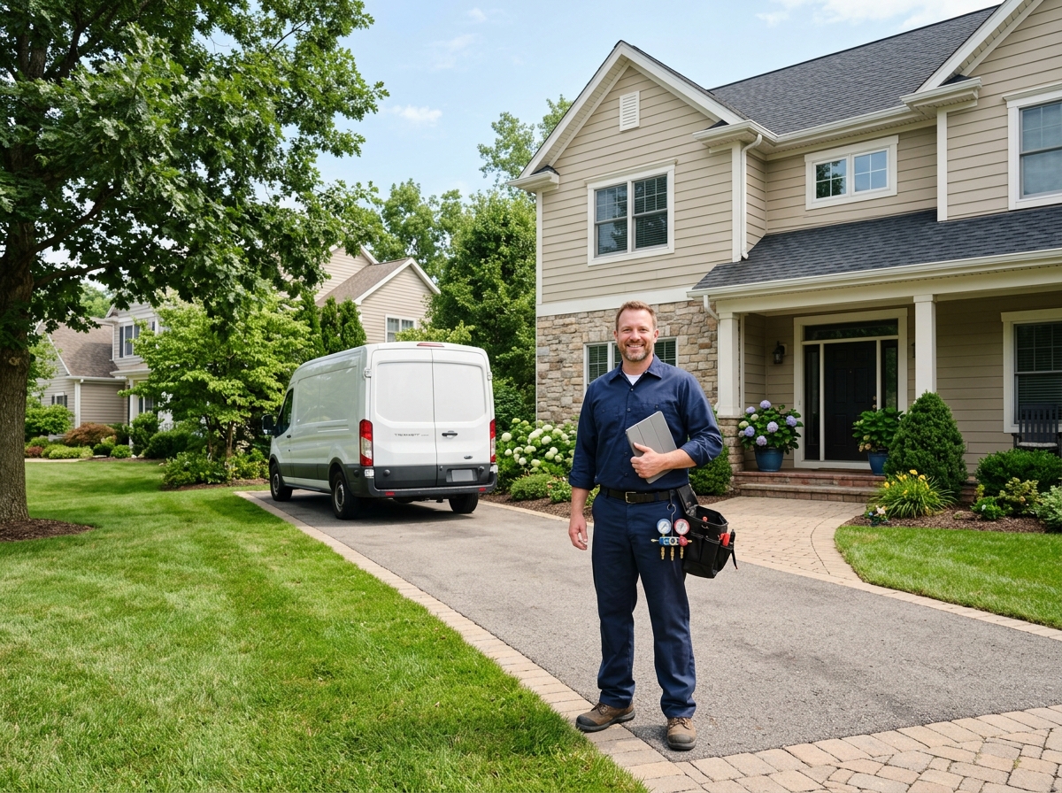 Wide, aspirational lifestyle establishing shot. a friendly HVAC technician standing confidently holding a tablet and smiling at the camera in front of a welcoming two-story suburban home with a plain unmarked service van parked behind. Photorealistic, natural light, high detail. Absolutely no text, logos, labels, brand marks, signage, watermarks, license plates, or written words of any kind anywhere in the image. Uniforms, vans, tools, and any background objects must be completely plain and unbranded. Compose the shot with the main focal point positioned slightly to the right of center, leaving negative space on the left side of the frame.