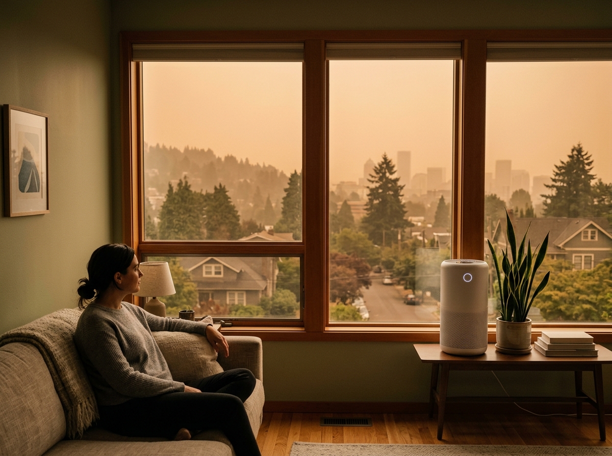 Wide, aspirational lifestyle establishing shot. a hazy, smoke-filled orange sky over a Portland neighborhood seen through the window of a calm, clean living room where an air purifier runs during Pacific Northwest wildfire season. Photorealistic, natural light, high detail. Absolutely no text, logos, labels, brand marks, signage, watermarks, license plates, or written words of any kind anywhere in the image. Uniforms, vans, tools, and any background objects must be completely plain and unbranded. Compose the shot with the main focal point positioned slightly to the right of center, leaving negative space on the left side of the frame.