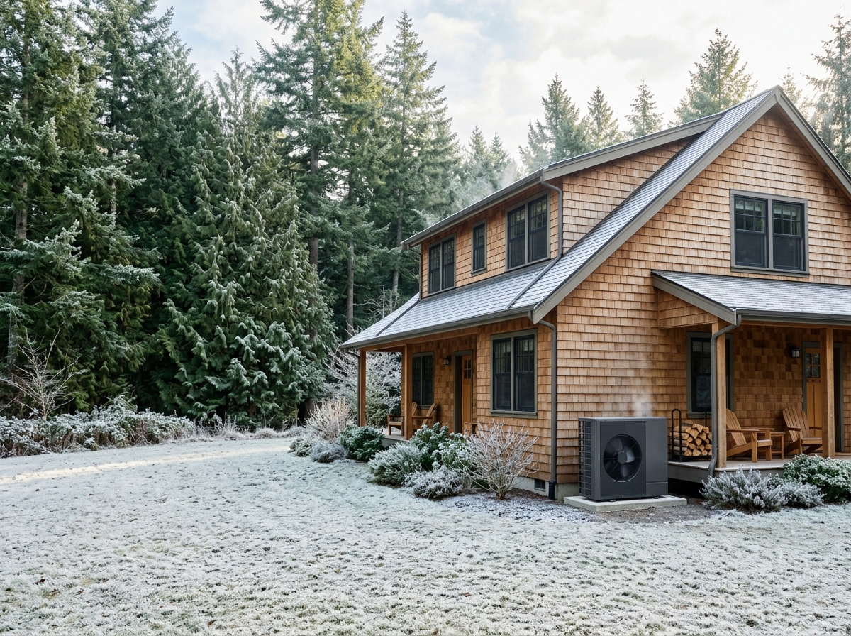 Wide, aspirational lifestyle establishing shot. a modern outdoor heat pump unit running with light frost on the ground and evergreen trees behind it beside a Pacific Northwest home on a frosty winter morning. Photorealistic, natural light, high detail. Absolutely no text, logos, labels, brand marks, signage, watermarks, license plates, or written words of any kind anywhere in the image. Uniforms, vans, tools, and any background objects must be completely plain and unbranded. Compose the shot with the main focal point positioned slightly to the right of center, leaving negative space on the left side of the frame.