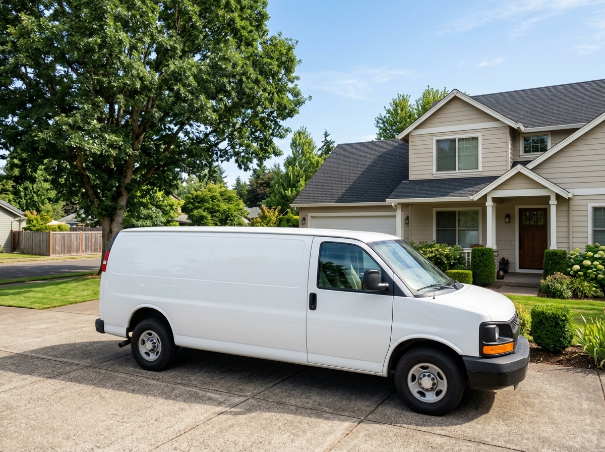 a plain unmarked glossy white work van parked at a three-quarter front angle in the driveway of a two-story suburban home on a bright sunny day. Photorealistic, natural light, high detail. Absolutely no text, logos, labels, brand marks, signage, watermarks, license plates, or written words of any kind anywhere in the image. Uniforms, vans, tools, and any background objects must be completely plain and unbranded. Compose the shot with the main focal point positioned slightly to the right of center, leaving negative space on the left side of the frame.