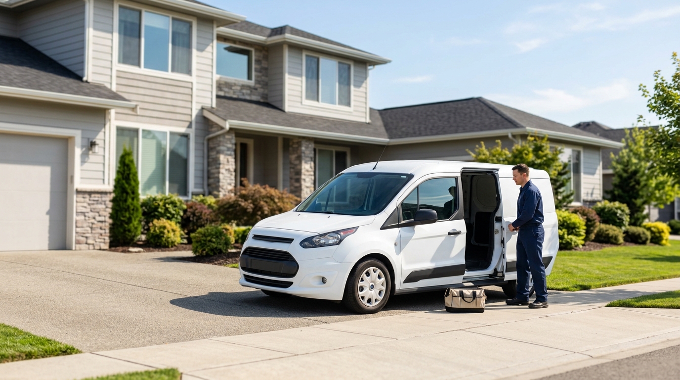 High-end commercial stock photography of a a plain unmarked white work van parked in the driveway in in front of a two-story suburban home on a sunny day. Bright, natural daylight, soft diffused lighting. Modern, clean aesthetic. The subject is wearing a clean plain uniform with no logos. Shot on a DSLR, 50mm lens, shallow depth of field with the background slightly blurred. High resolution, photorealistic, optimistic, professional and trustworthy vibe. Absolutely no text, logos, labels, brand marks, signage, watermarks, license plates, or written words of any kind anywhere in the image. Uniforms, vans, tools, and any background objects must be completely plain and unbranded. Compose the shot with the main focal point positioned slightly to the right of center, leaving negative space on the left side of the frame.